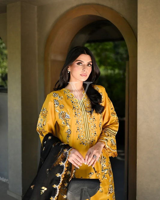 Lucia Designer Roman Suit Set with Embroidered Top, Palazzo & Georgette Dupatta