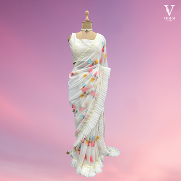 Malika Serene White Faux Georgette With Ruffles Saree And Banglori Silk Blouse