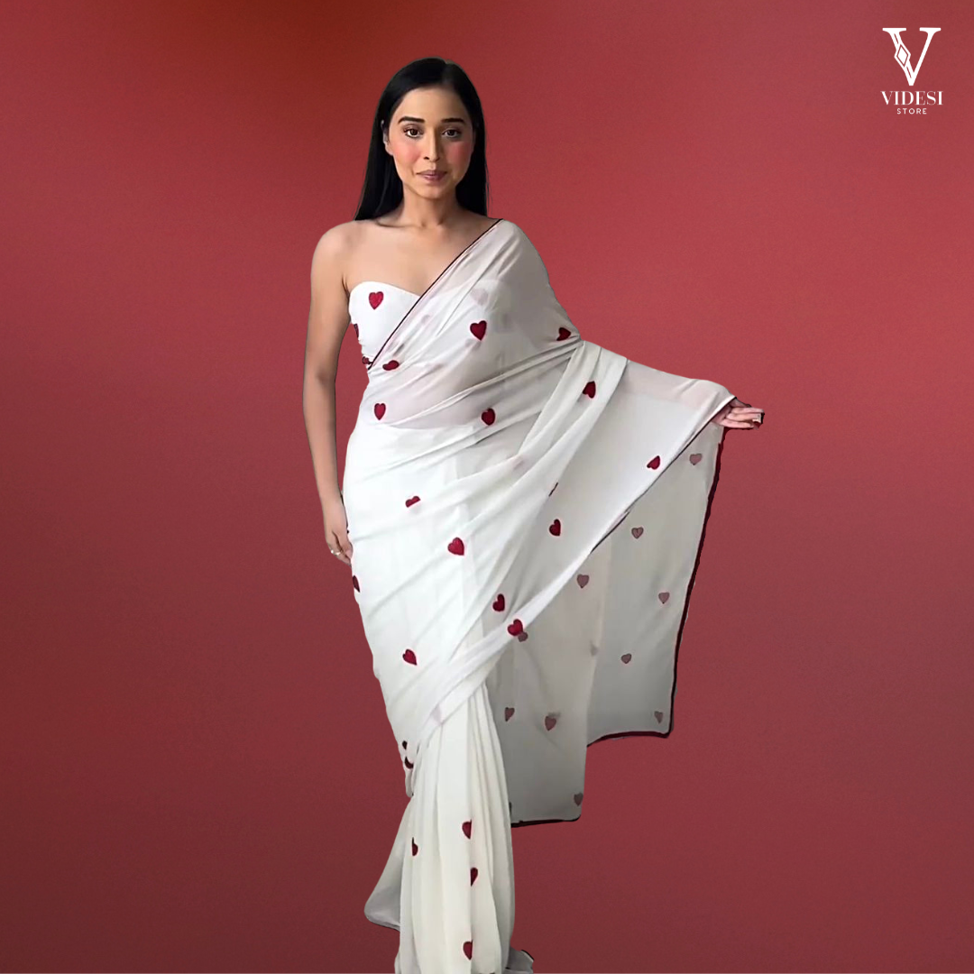 Mariel Sleek Heart Printed White Georgette Saree