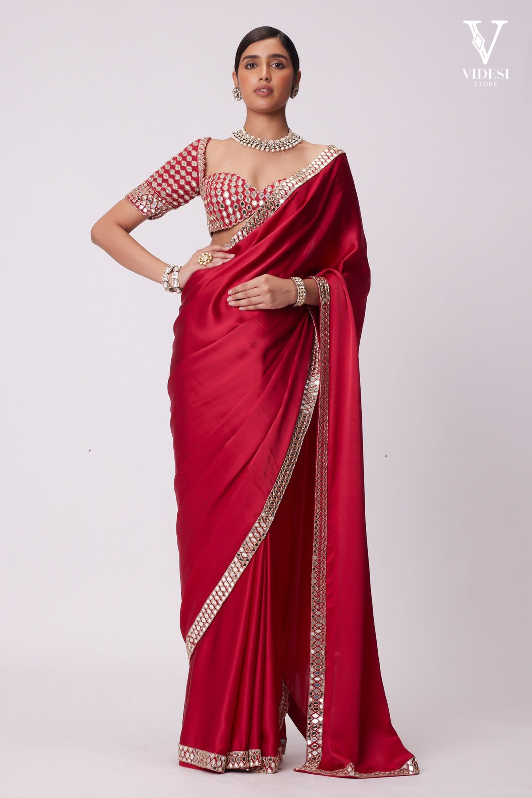 Marina Classic Red Satin Mirrored Saree