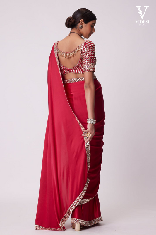 Marina Classic Red Satin Mirrored Saree