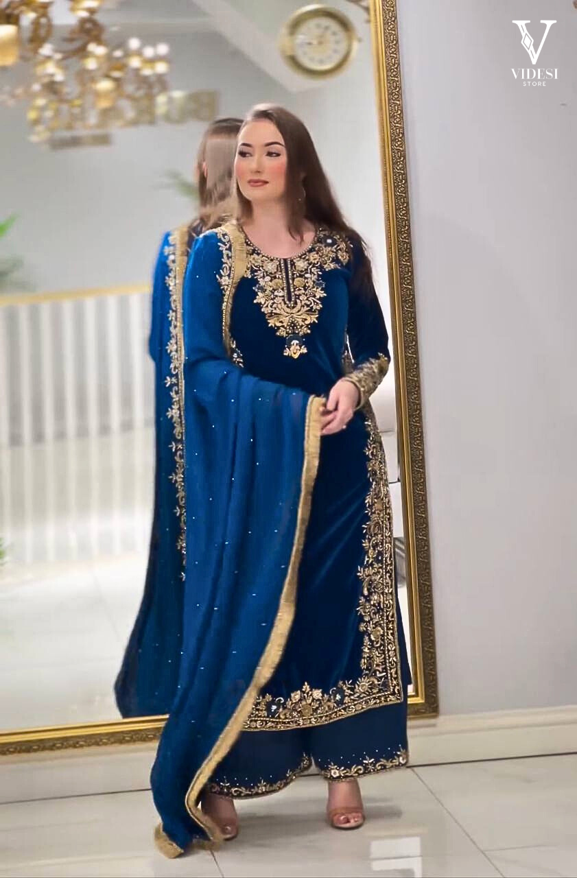 Mariner Embroidered Pure Viscose Velvet Suit With Faux Georgette Dupatta