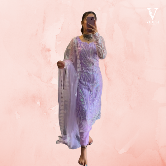 Melania Sophisticated Lavender Soft Satin Net and Micro Cotton Suit with Dupatta