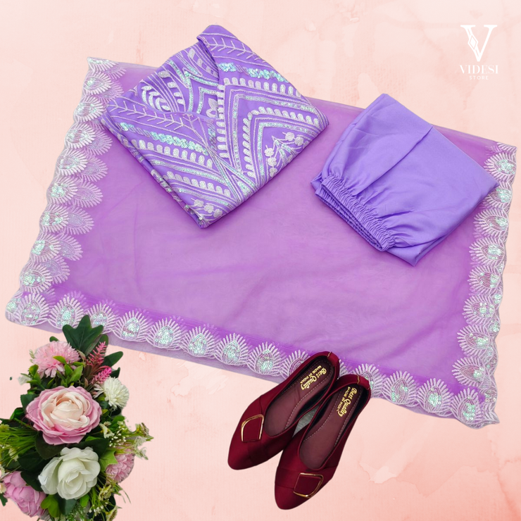 Melania Sophisticated Lavender Soft Satin Net and Micro Cotton Suit with Dupatta