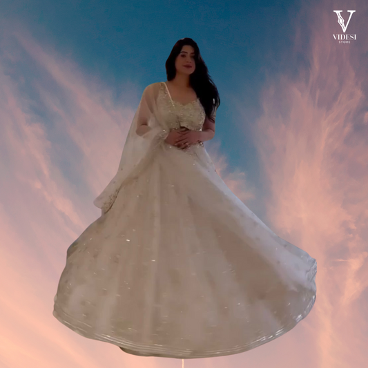 Mena Classic White Embroidered Sequined Faux Georgette Lehenga