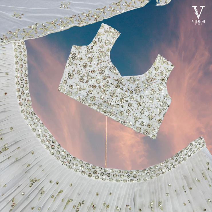 Mena Classic White Embroidered Sequined Faux Georgette Lehenga