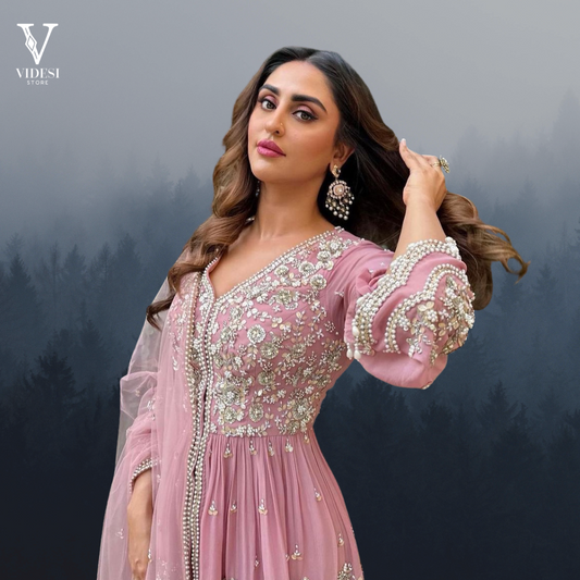 Micaela Blushing Pink Heavy Faux Georgette Embroidered Suit with Soft Net Dupatta