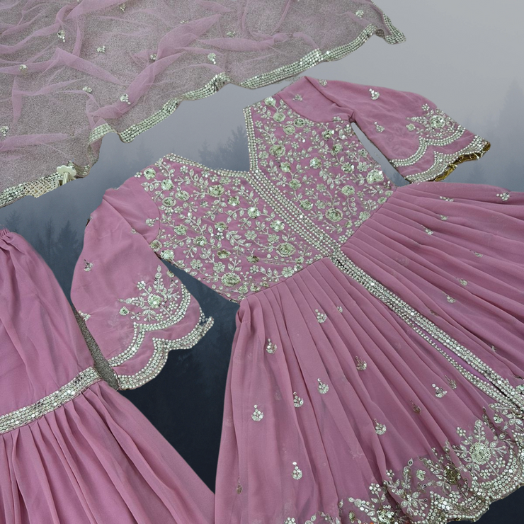 Micaela Blushing Pink Heavy Faux Georgette Embroidered Suit with Soft Net Dupatta