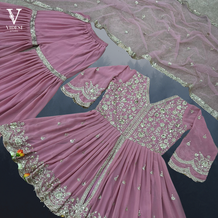 Micaela Blushing Pink Heavy Faux Georgette Embroidered Suit with Soft Net Dupatta