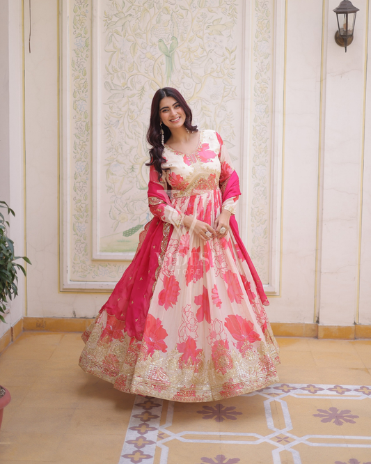 Miel Russian Silk Anarkali Suit with Zari Sequin Embroidery & Cutwork Dupatta