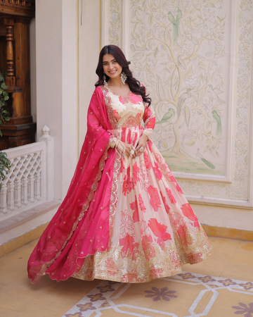 Miel Russian Silk Anarkali Suit with Zari Sequin Embroidery & Cutwork Dupatta