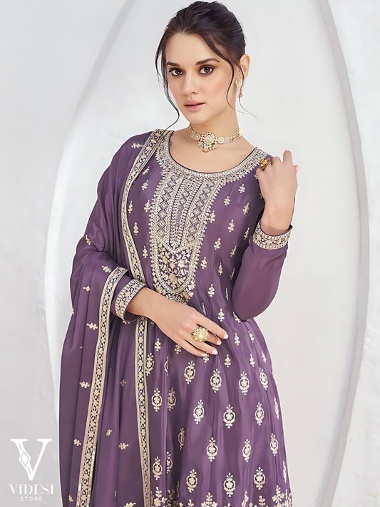 Milania Stylish Embroidered Chinon Silk Suit