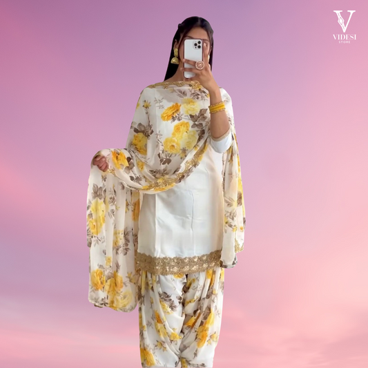 Natasha Stylish Faux Georgette Sequined Suit With Digital Printed Dhoti Salwar