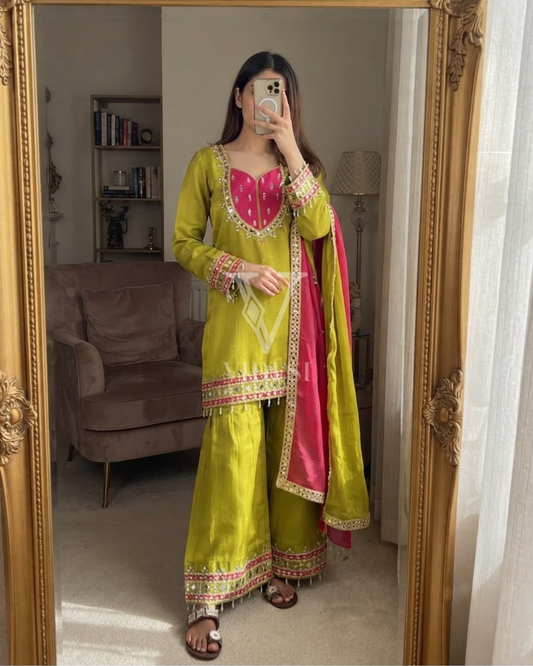 Olga Roman Glass Kurta Set with Real Mirror Work & Kota Checks Dupatta