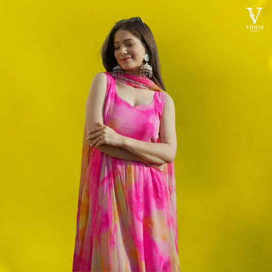 Patrice Digital Printed Faux Georgette Gown With Micro Cotton Pants and Dupatta