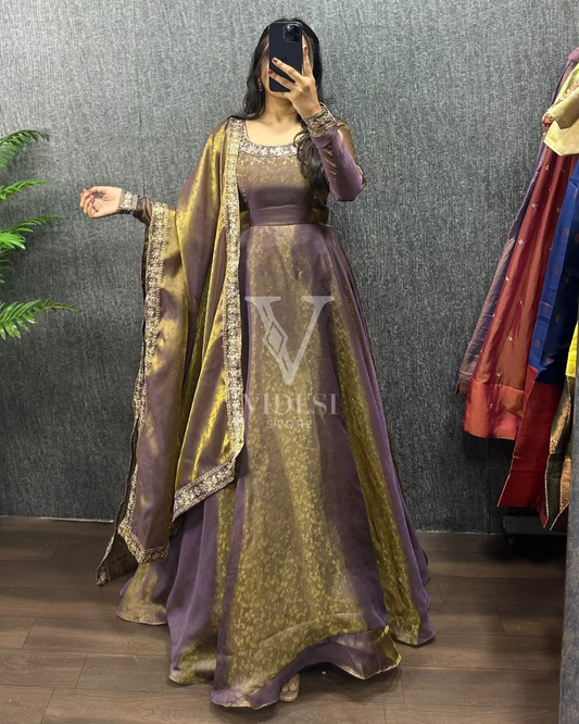 Patricia Premium Silk Jacquard Gown with Heavy Neck Work & Embroidered Dupatta