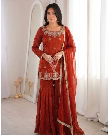 Penelope Classic Red Embroidered Sequined Fendy Silk Suit