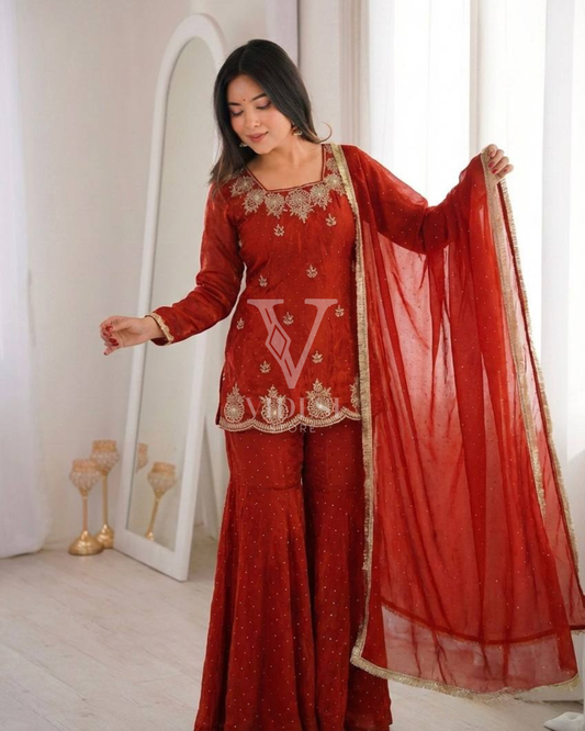 Penelope Classic Red Embroidered Sequined Fendy Silk Suit