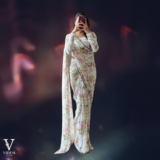 Rafaela Soft Floral Printed Embroidered Georgette With Lace Border Saree