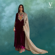 Reina Magenta Plum Full Sleeve Viscose Velvet Top and Bottom with Heavy Net Dupatta