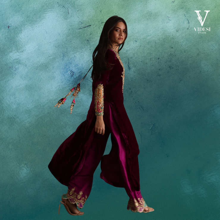 Reina Magenta Plum Full Sleeve Viscose Velvet Top and Bottom with Heavy Net Dupatta