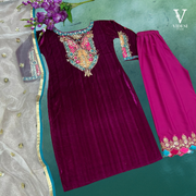 Reina Magenta Plum Full Sleeve Viscose Velvet Top and Bottom with Heavy Net Dupatta