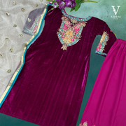 Reina Magenta Plum Full Sleeve Viscose Velvet Top and Bottom with Heavy Net Dupatta