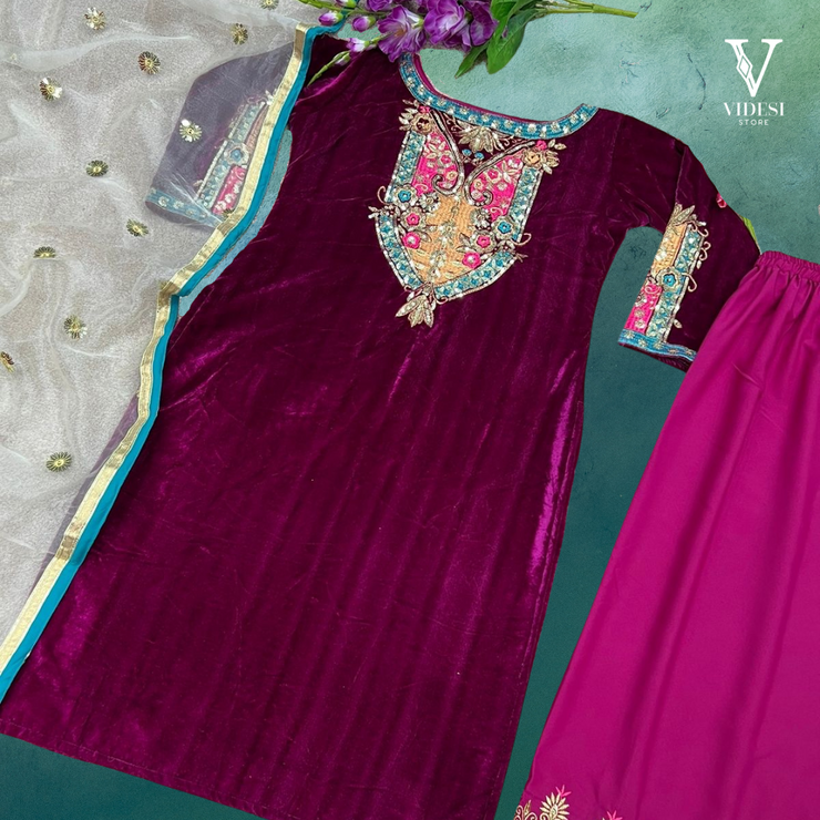 Reina Magenta Plum Full Sleeve Viscose Velvet Top and Bottom with Heavy Net Dupatta