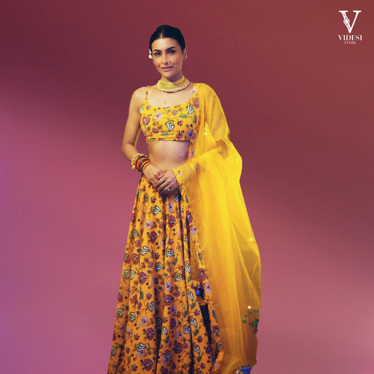 Renee Golden Yellow Sabyasachi Printed Georgette Lehenga