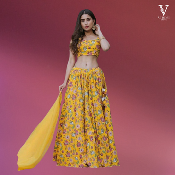 Renee Golden Yellow Sabyasachi Printed Georgette Lehenga