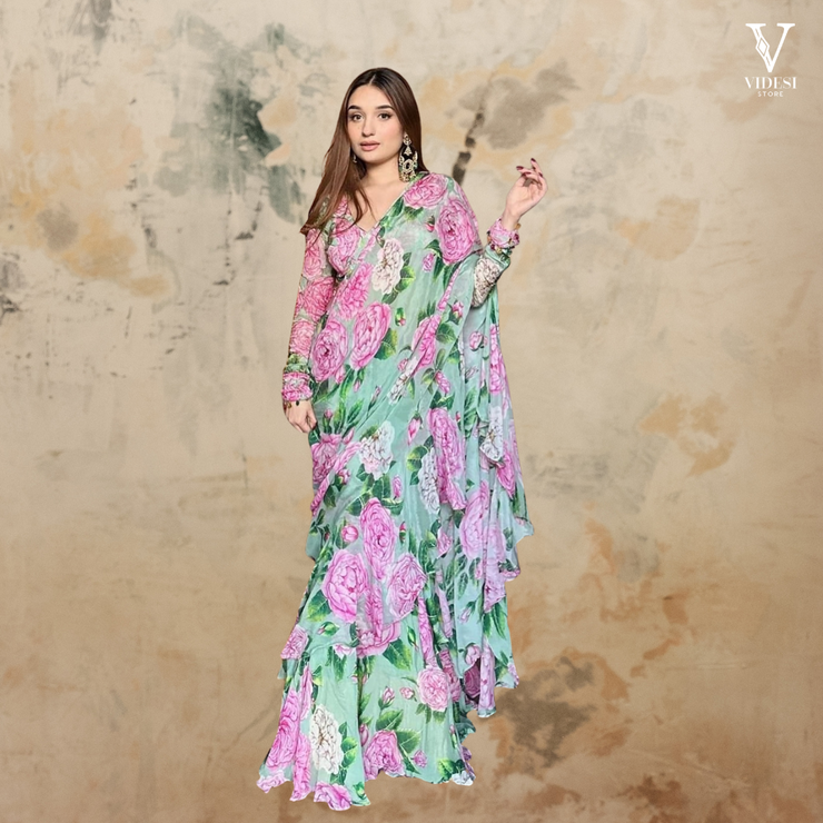 Rhea Premium Digital Printed Chinon Silk With Ruffles Lehenga