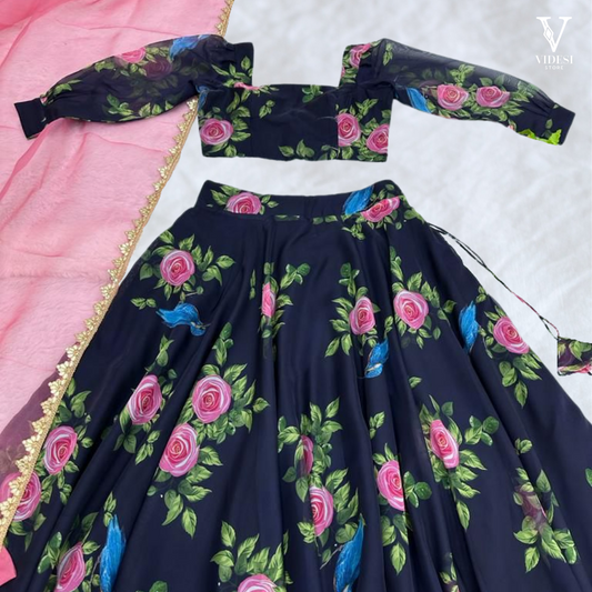 Romina Dreamy Digital Printed Floral Tebby Organza Silk Lehenga