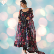 Rosalia Flowy Digital Printed Floral Organza Tabby Silk Suit with Dupatta