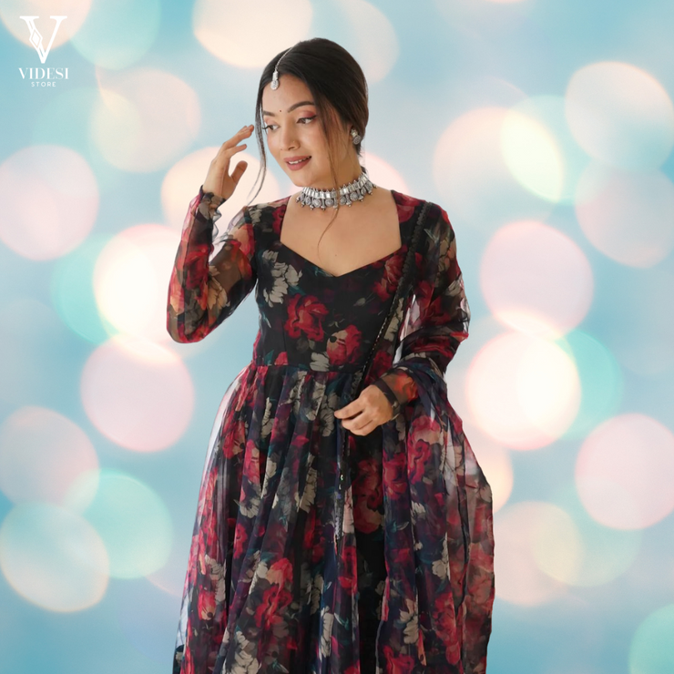 Rosalia Flowy Digital Printed Floral Organza Tabby Silk Suit with Dupatta