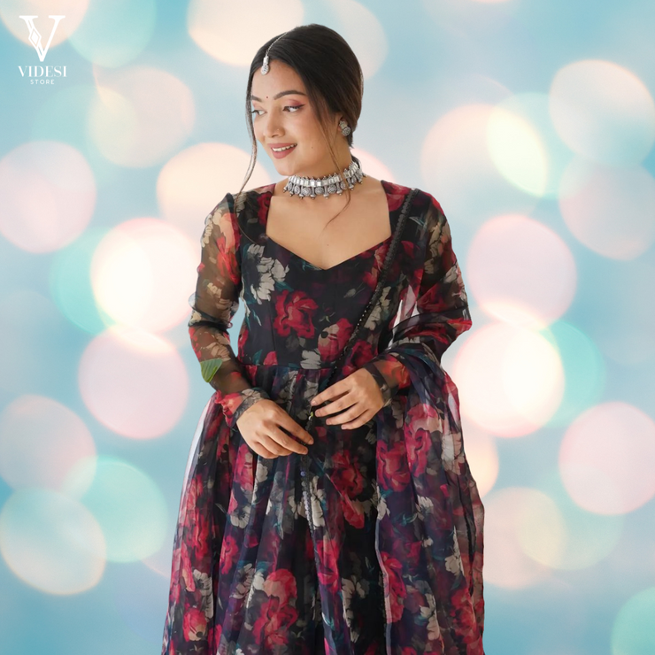 Rosalia Flowy Digital Printed Floral Organza Tabby Silk Suit with Dupatta