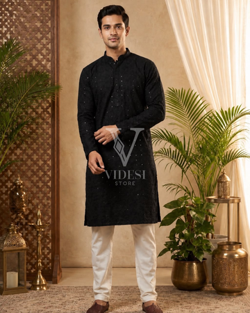 Salah Rayon Kurta Set with Chikan Schiffli Embroidery & Cotton Pyjama