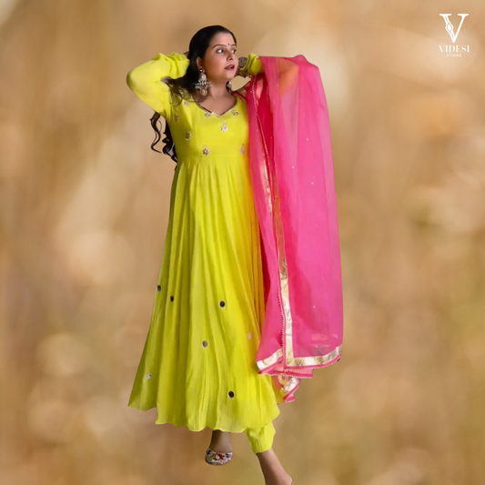Shania Lively Yellow Pure Georgette Mirror Work Anarkali Gown With Pink Dupatta