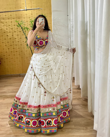 Shuvee Faux Georgette Sequined With Real Mirror Work Lehenga