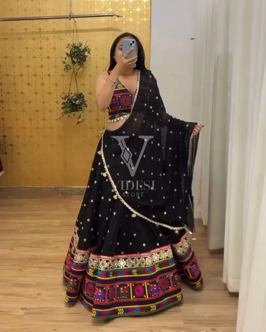 Shuvee Faux Georgette Sequined With Real Mirror Work Lehenga