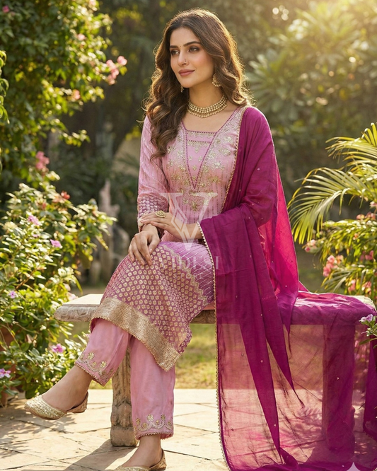 Sophia Stylish Pink Chinon Sequined Embroidered Set
