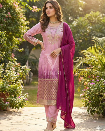Sophia Stylish Pink Chinon Sequined Embroidered Set
