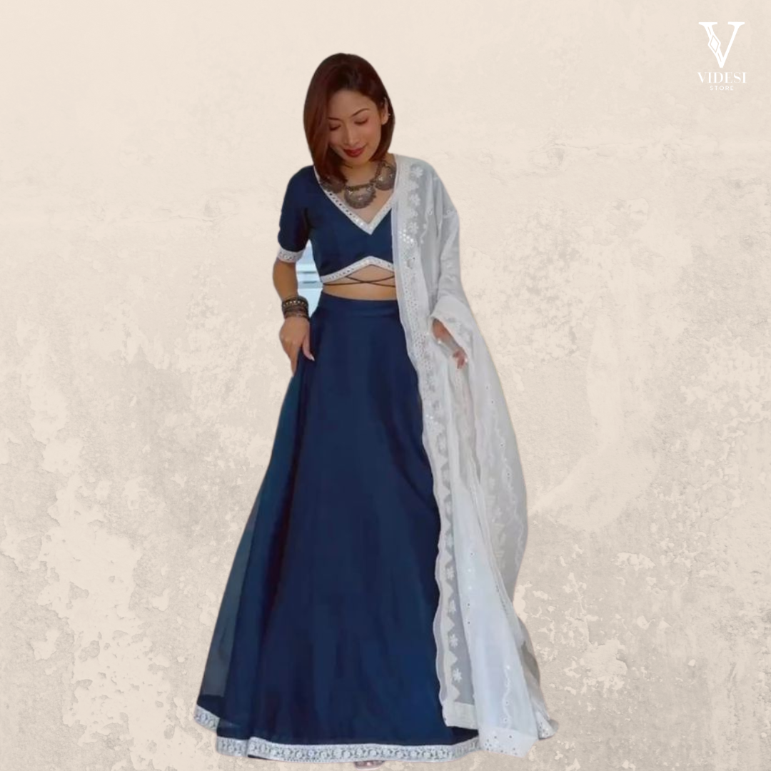 Thylane Serene Blue Embroidered Organza Lehenga With Chanderi Silk Dupatta