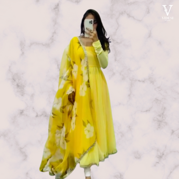 Vanina Vibrant Yellow Faux Georgette Gown with Digital Printed Dupatta