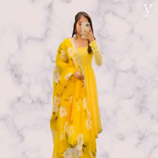 Vanina Vibrant Yellow Faux Georgette Gown with Digital Printed Dupatta