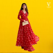 Verena Classic Red Digital Printed Georgette with Ruffled Style Palazzo Suit