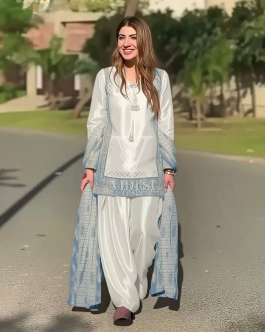 Veronica Soft Embroidered Satin Silk Set With Faux Georgette Dupatta