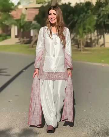 Veronica Soft Embroidered Satin Silk Set With Faux Georgette Dupatta