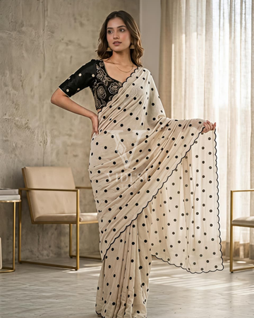 Vienka Star Georgette Saree with White Polka Embroidery & Designer Blouse