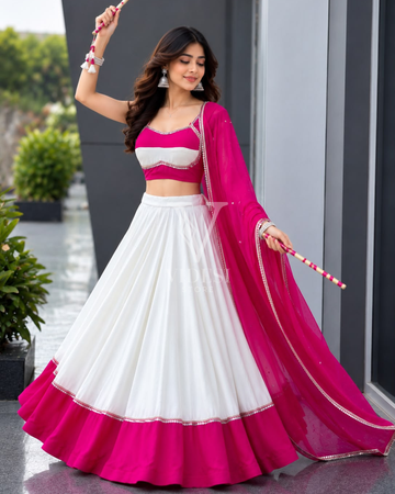 Vienna White & Pink Flared Lehenga Choli with Embroidered Net Dupatta