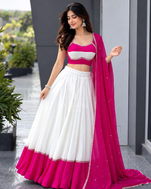 Vienna White & Pink Flared Lehenga Choli with Embroidered Net Dupatta